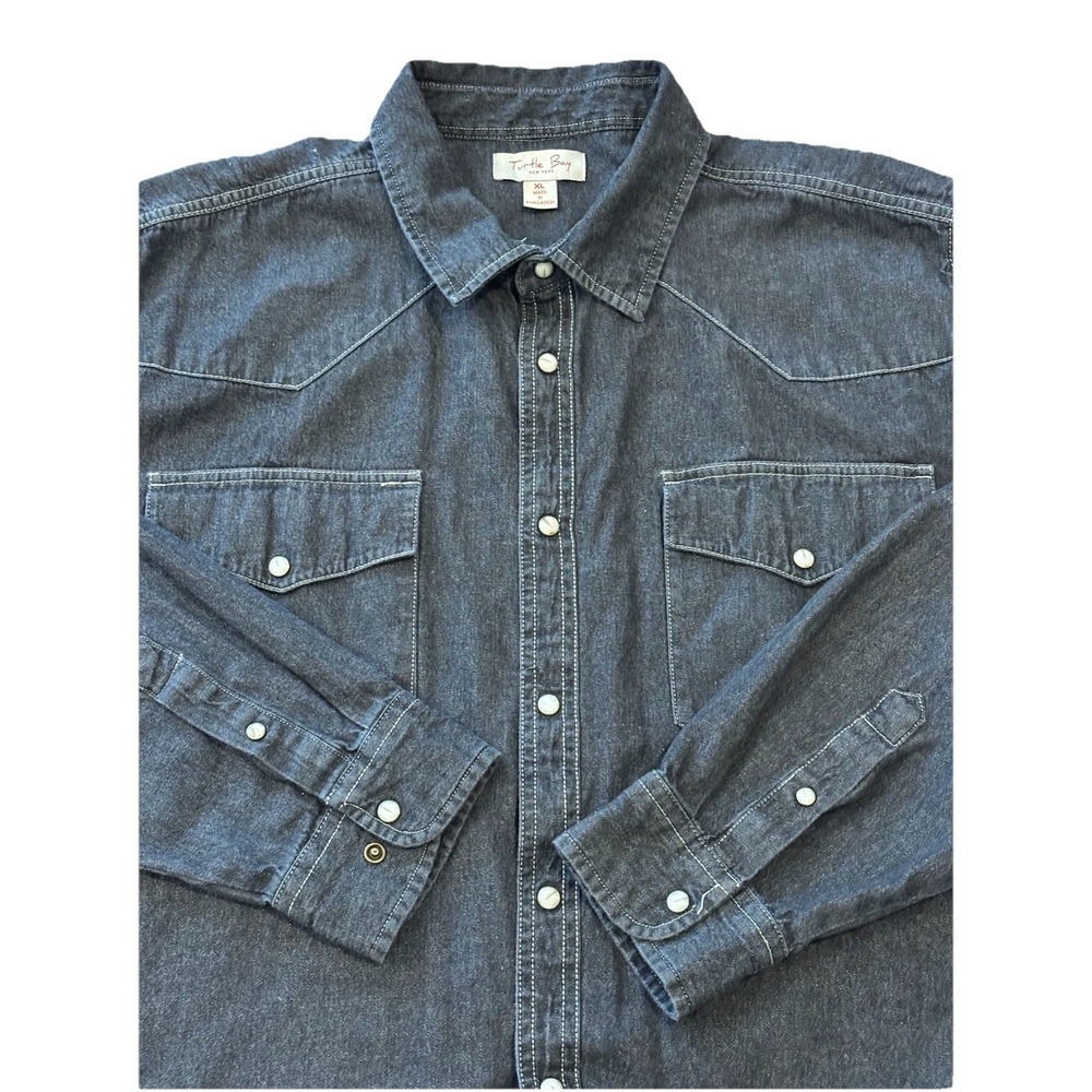 Turtle Bay Mens XL Black Denim Western Pearl Snap Long Sleeve Shirt Cowboy Horse